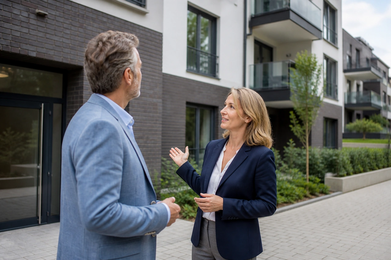 Symbolisches Immobiliengespräch vor einem modernen deutschen Mehrfamilienhaus